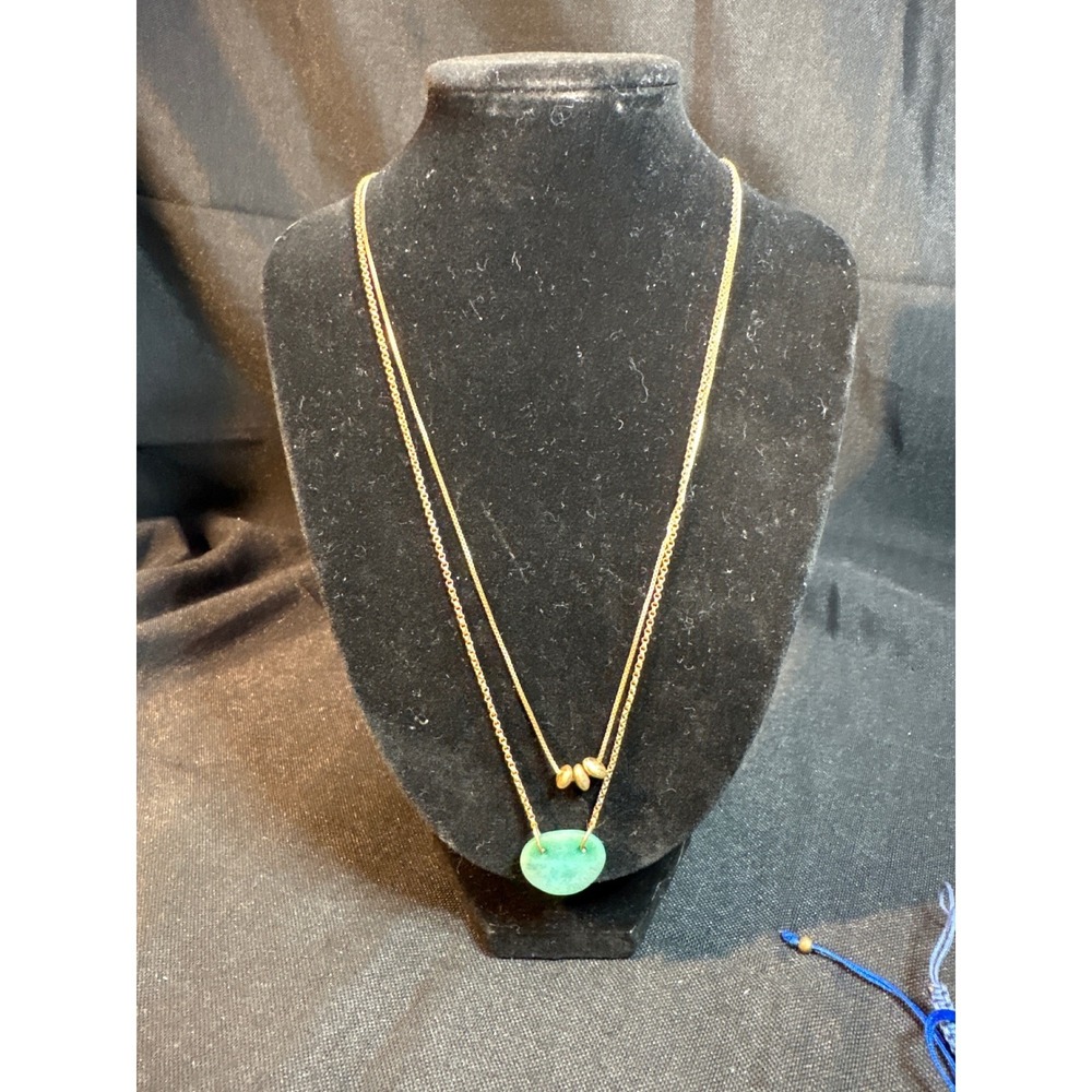 Gold Tone Layered Necklace Green Oval‎ Gemstone Pendant Beads